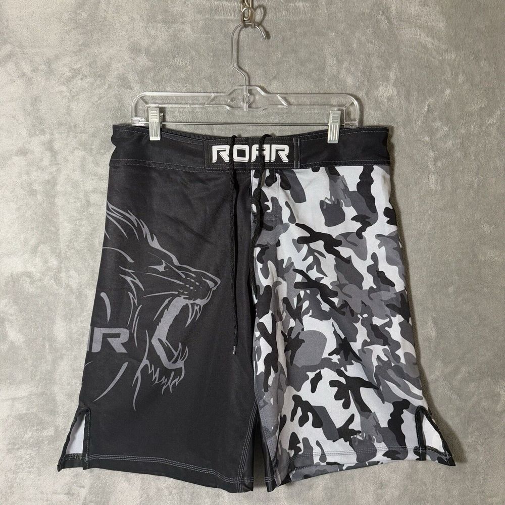 Roar Shorts Large Black White MMA UFC Muay Thai Fighting Lion Board Trunks Camo